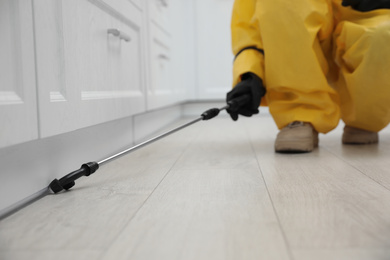 Photo of Pest control worker spraying pesticide around furniture indoors, closeup