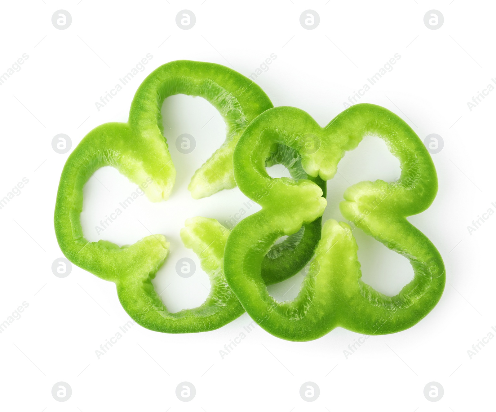 Photo of Slices of bell pepper for burger isolated on white, top view