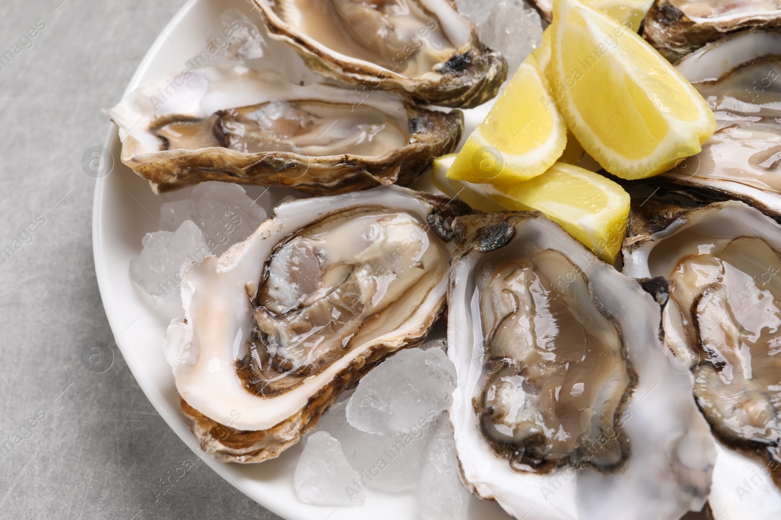 Photo of Delicious fresh oysters with lemon slices on light grey table, closeup