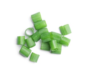 Pile of fresh green onion on white background, top view