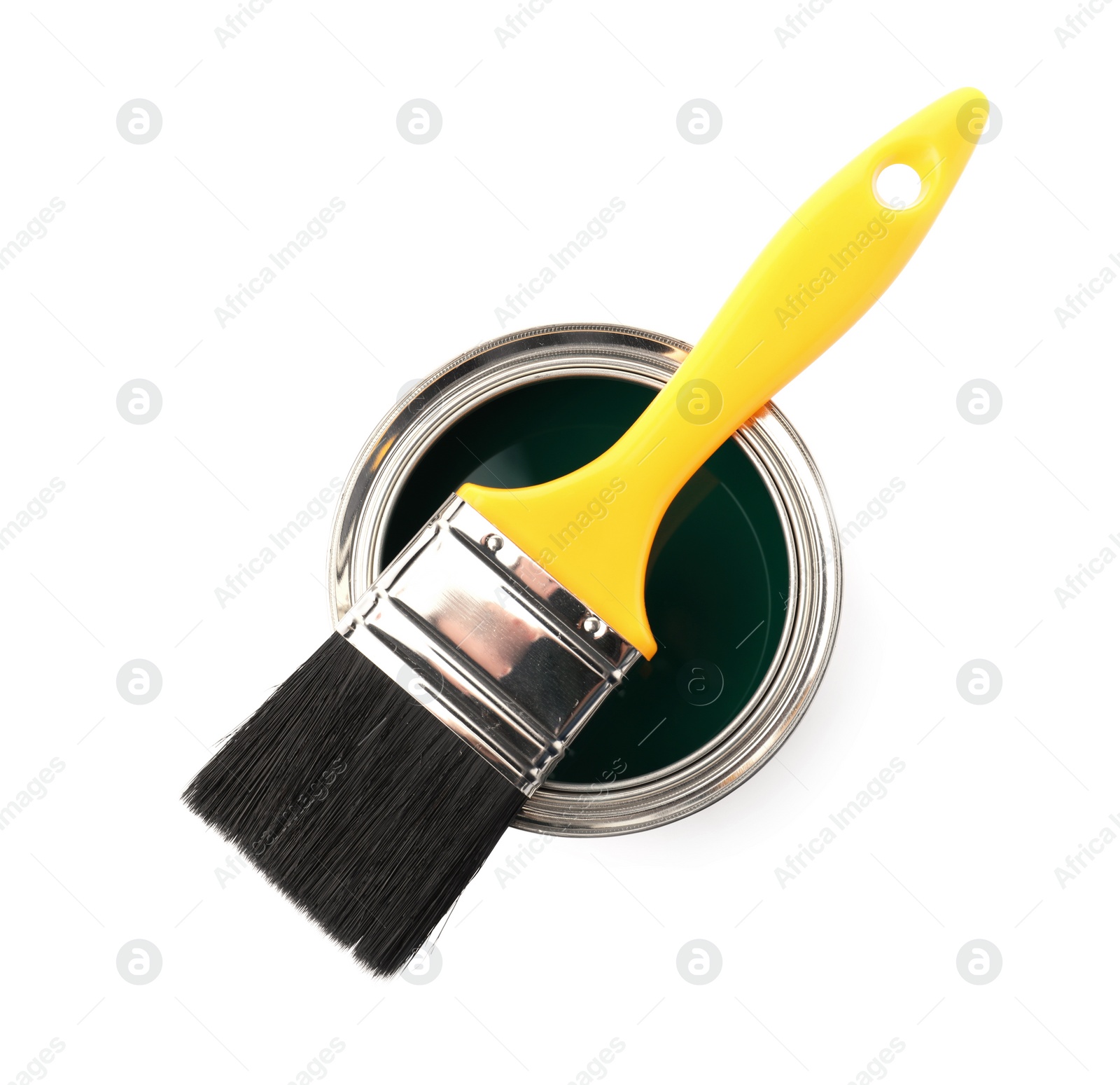 Photo of Paint can with brush on white background, top view