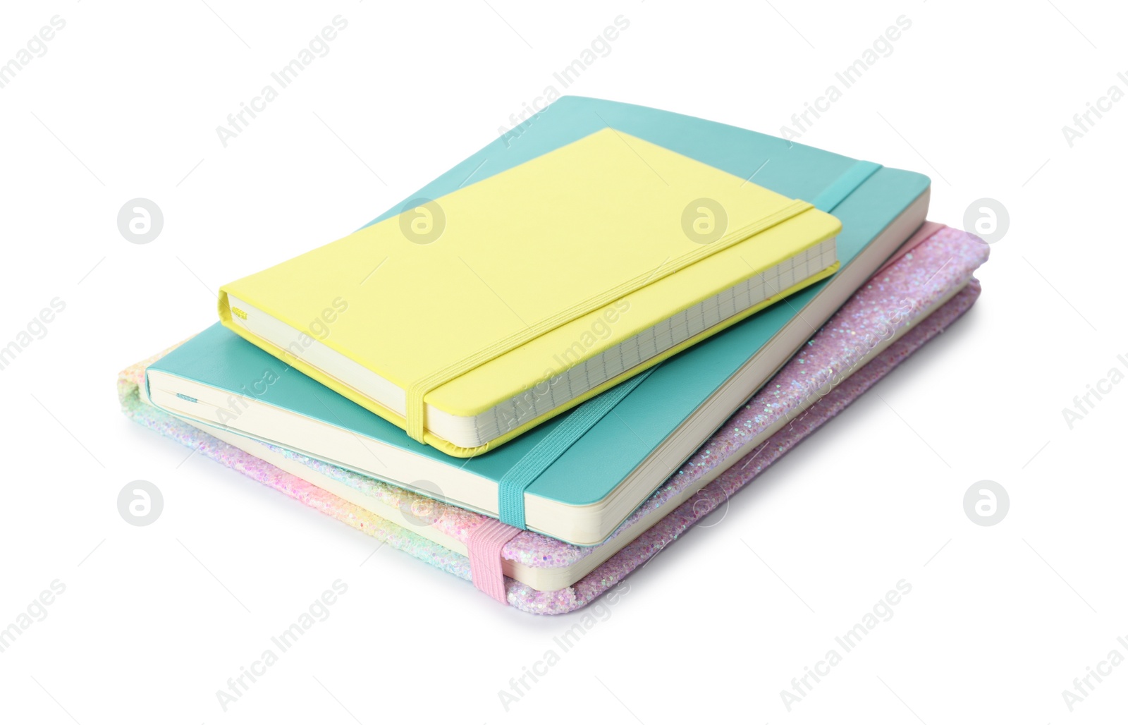 Photo of Stack of different colorful hardcover planners on white background