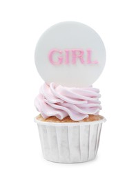 Beautifully decorated baby shower cupcake for girl with pink cream and topper on white background