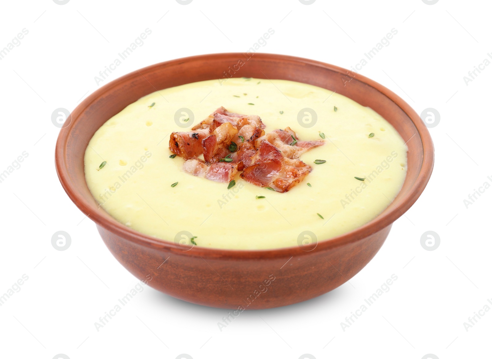 Photo of Tasty potato soup with bacon and rosemary in bowl isolated on white