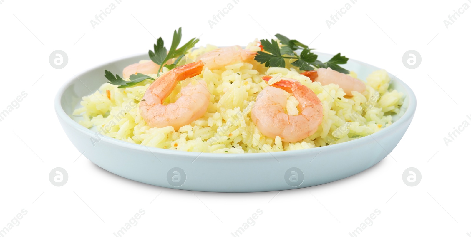 Photo of Delicious risotto with shrimps and parsley isolated on white