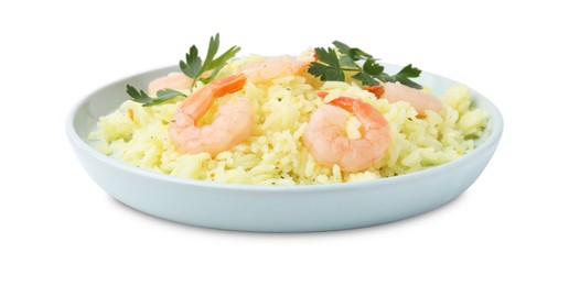 Photo of Delicious risotto with shrimps and parsley isolated on white