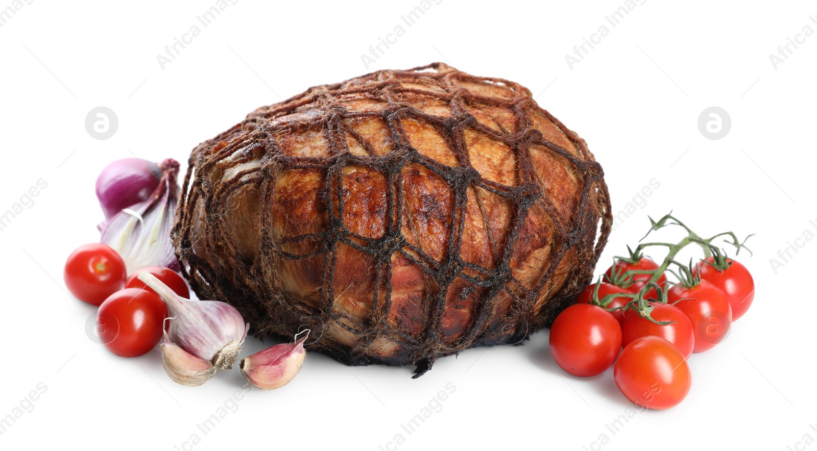 Photo of Delicious baked ham, onion, garlic and tomatoes isolated on white