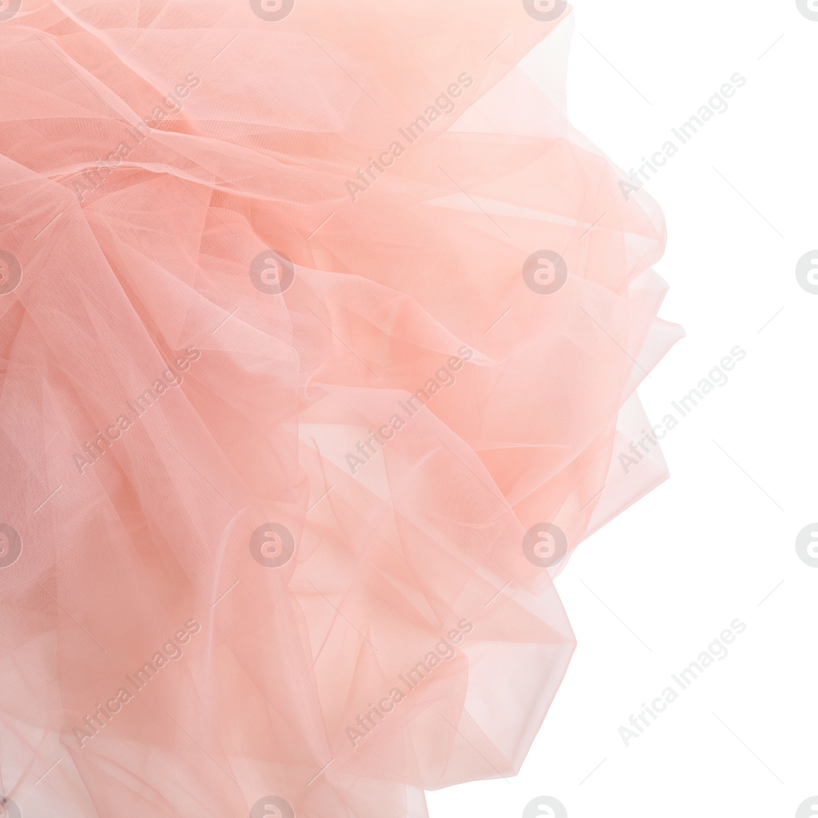 Photo of Beautiful beige tulle fabric on white background, top view. Space for text