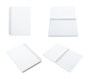 Set with blank paper brochures on white background. Mockup for design