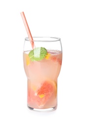 Photo of Glass of grapefruit cocktail isolated on white