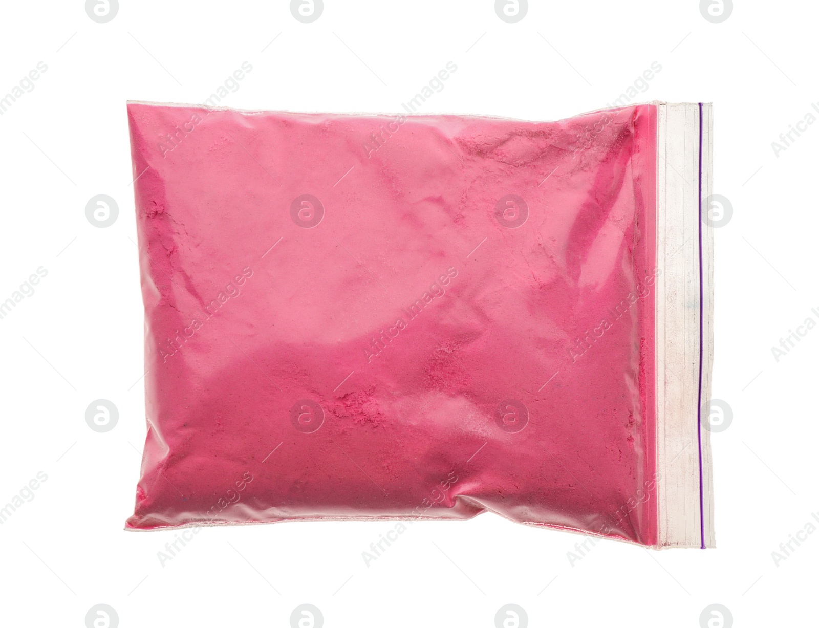 Photo of Pink powder in plastic bag isolated on white, top view. Holi festival celebration