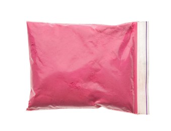 Pink powder in plastic bag isolated on white, top view. Holi festival celebration