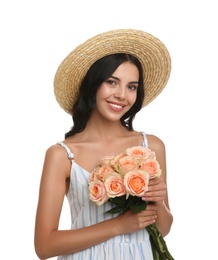 Photo of Portrait of smiling woman with beautiful bouquet on white background