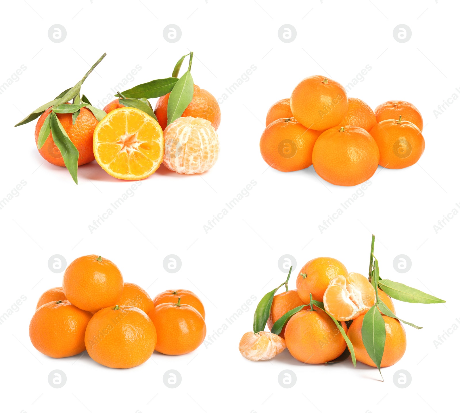 Image of Set of fresh ripe tangerines on white background