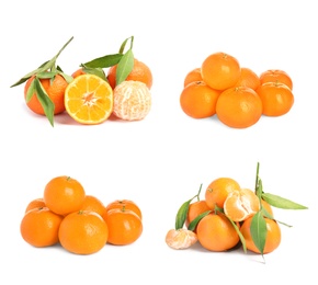 Image of Set of fresh ripe tangerines on white background