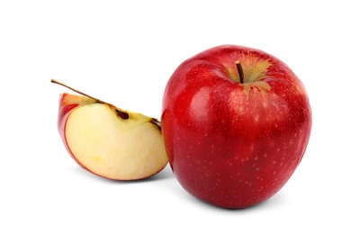 Photo of Ripe juicy red apples on white background