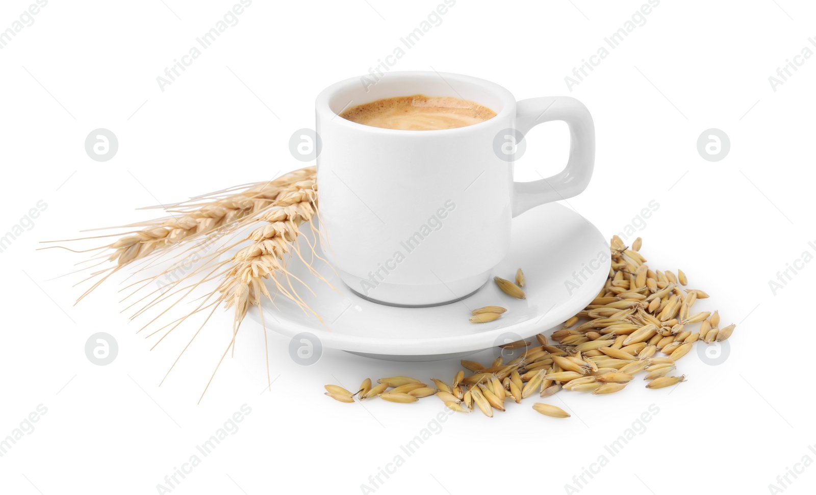 Photo of Cup of barley coffee, grains and spikes isolated on white