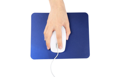 Woman with wired mouse and blue pad isolated on white, top view