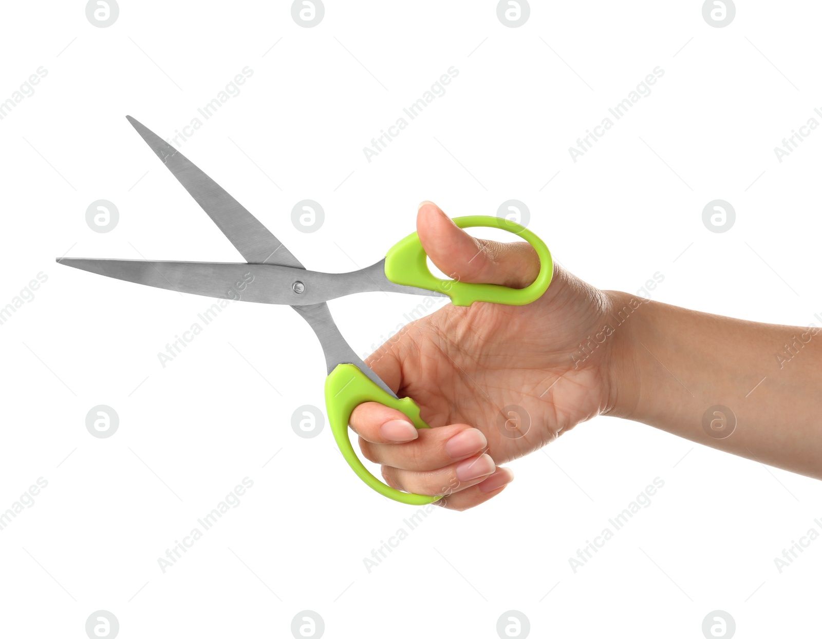 Photo of Woman holding office scissors isolated on white, closeup