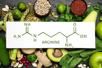 Image of Different vegetables, seeds and fruits on black table, flat lay. Sources of essential amino acids