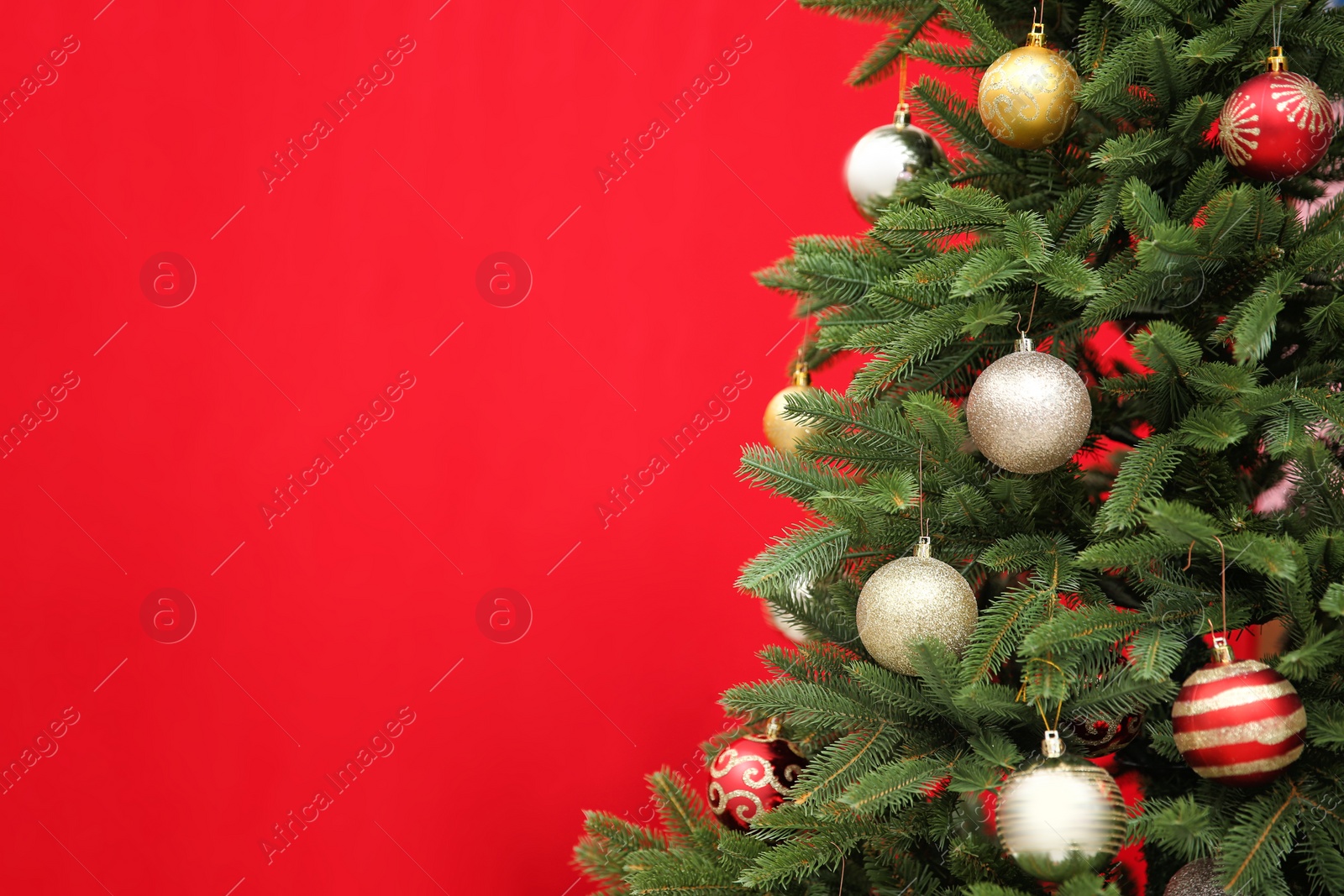 Photo of Beautifully decorated Christmas tree against color background, closeup