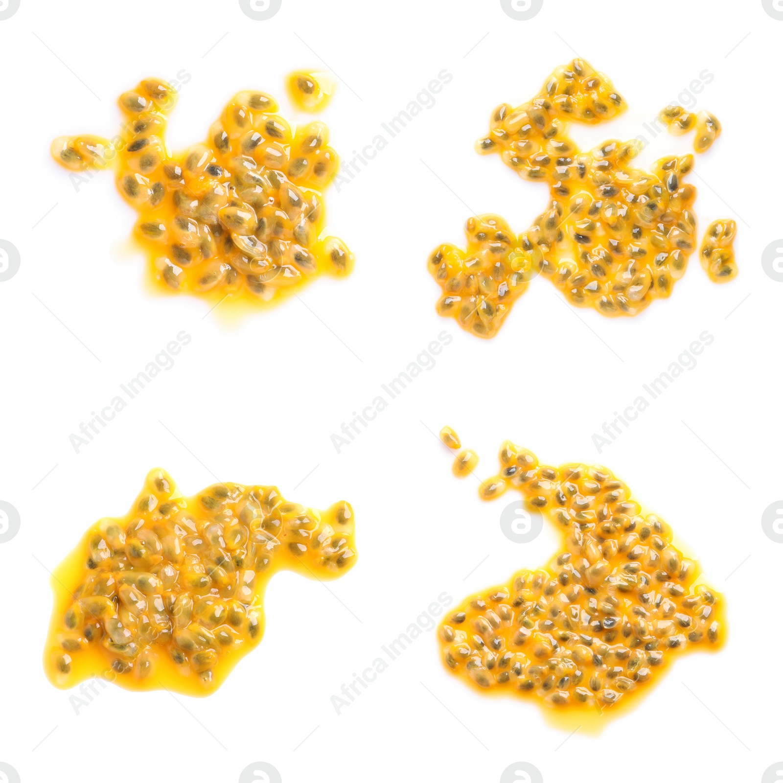 Image of Set with passion fruit seeds on white background, top view