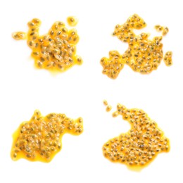 Image of Set with passion fruit seeds on white background, top view