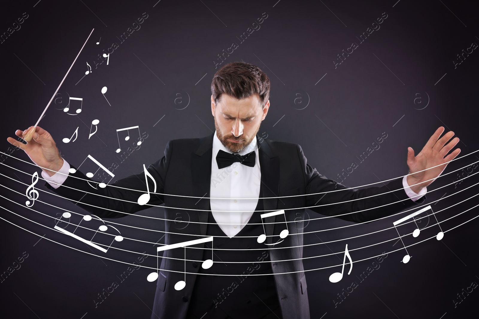 Image of Conductor with baton and music notes on dark background