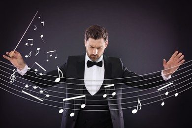 Image of Conductor with baton and music notes on dark background