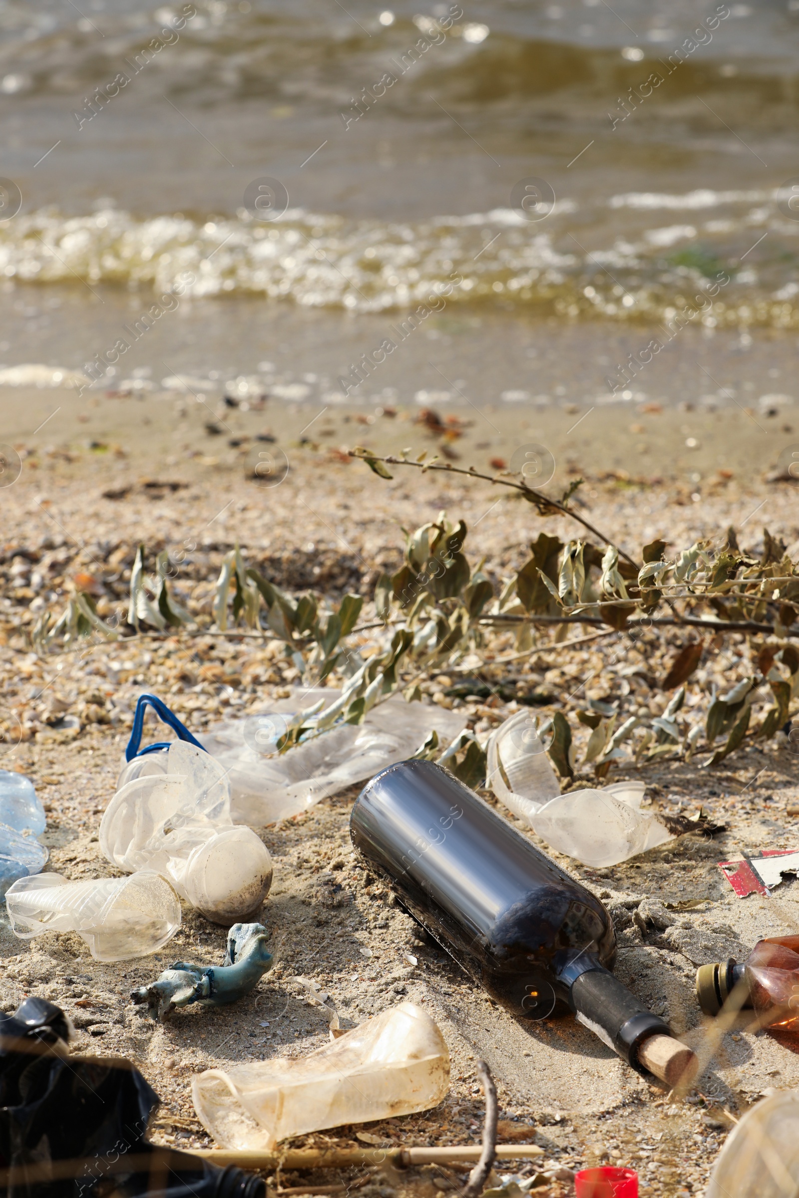 Photo of Garbage scattered on beach. Environment pollution problem