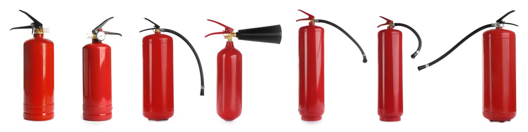 Image of Set with fire extinguishers on white background. Banner design