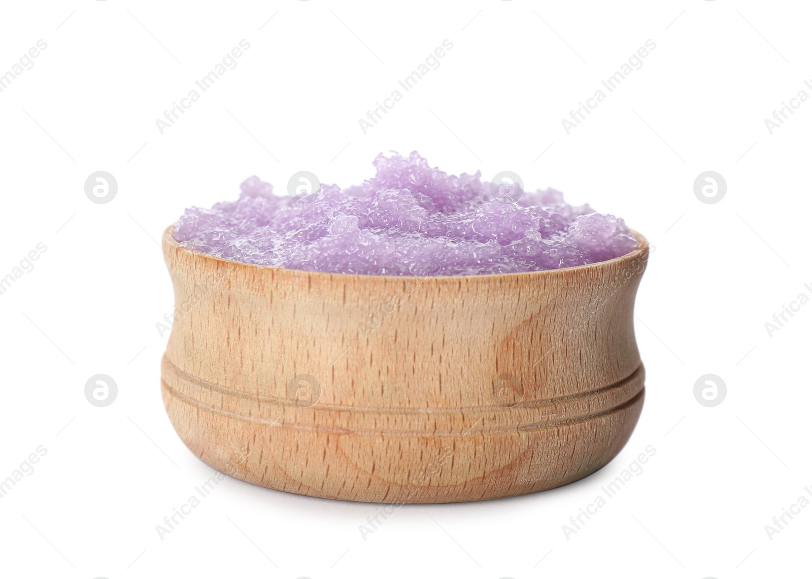 Photo of Wooden bowl of violet body scrub isolated on white