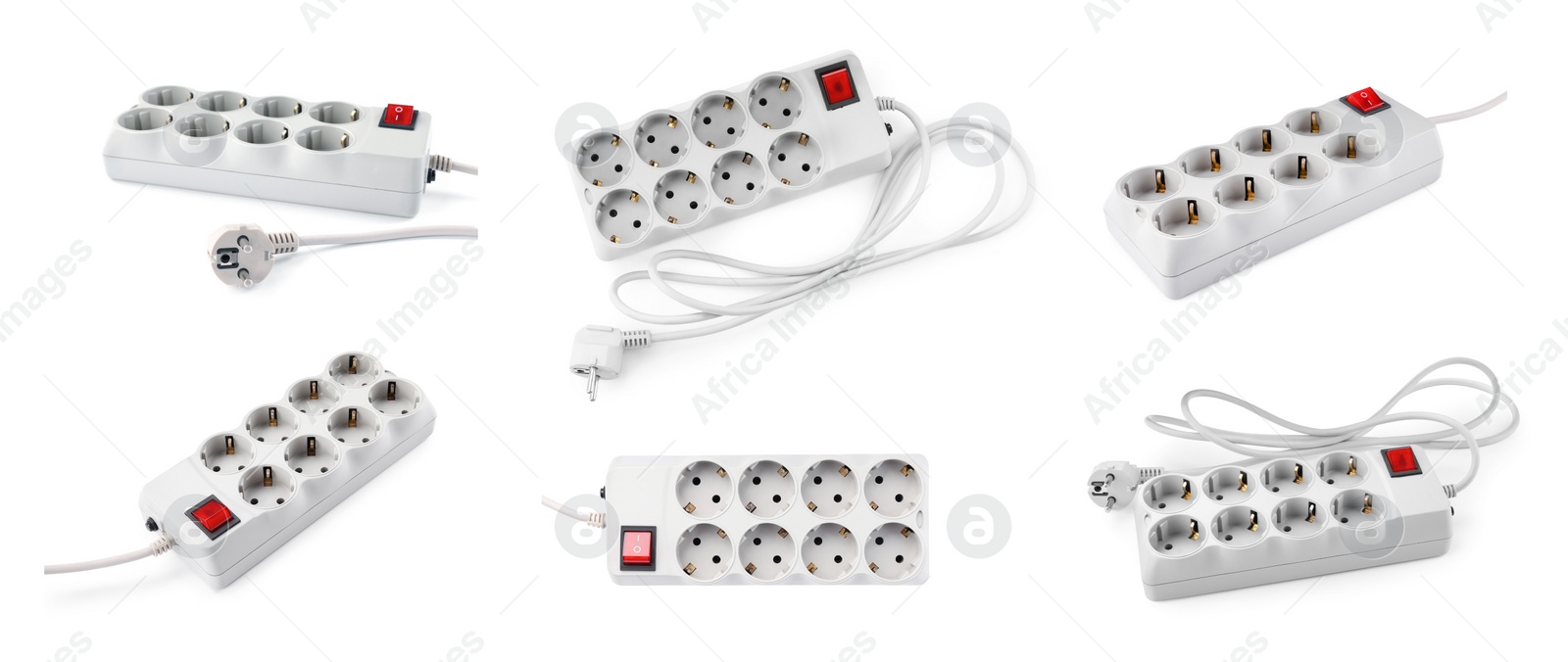 Image of Collage with power strip on white background, different sides