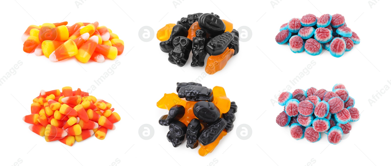 Image of Piles of chewy candies for Halloween isolated on white. Collage with top and side views