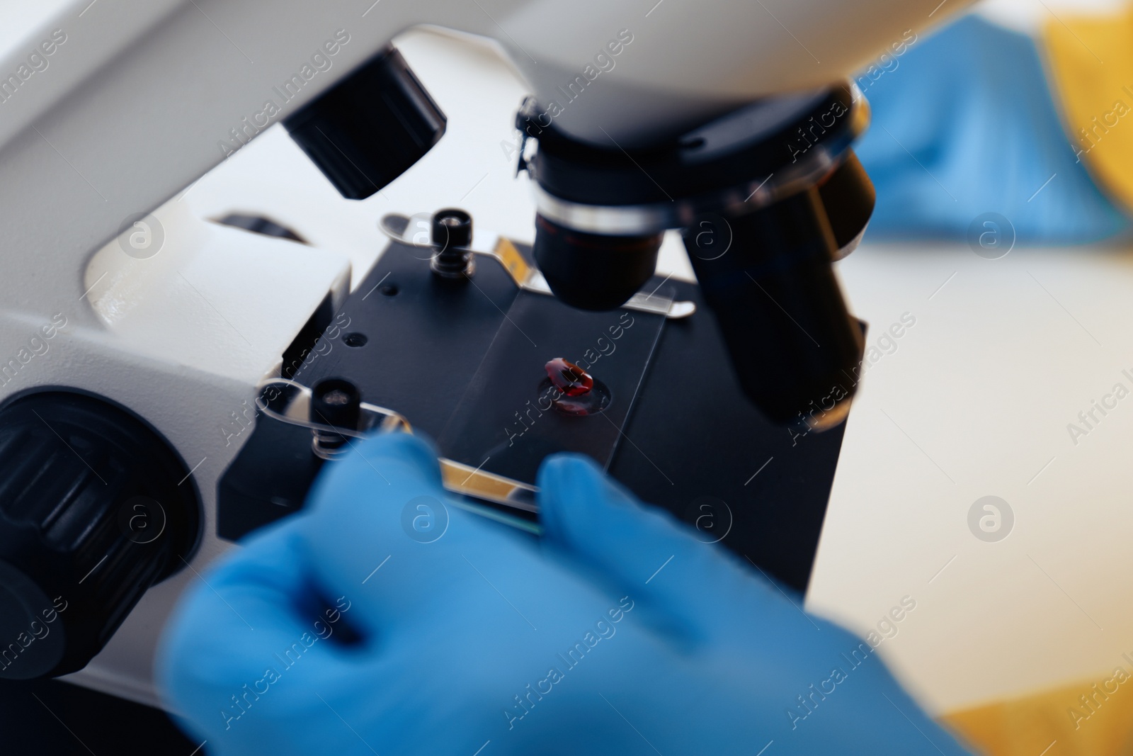 Photo of Scientist using microscope at table, closeup. Virus research