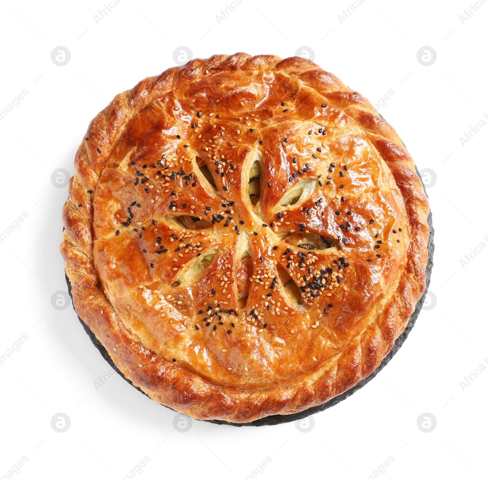 Photo of Tasty homemade pie isolated on white, top view