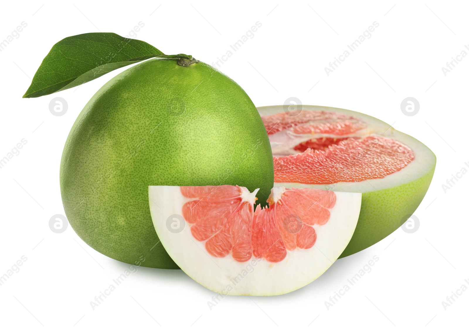 Image of Cut and whole fresh pomelo fruits on white background