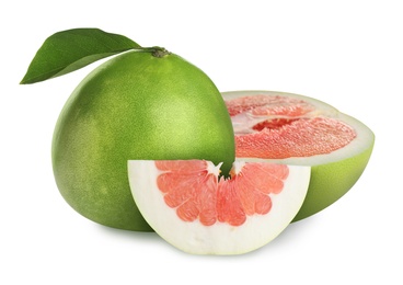 Image of Cut and whole fresh pomelo fruits on white background