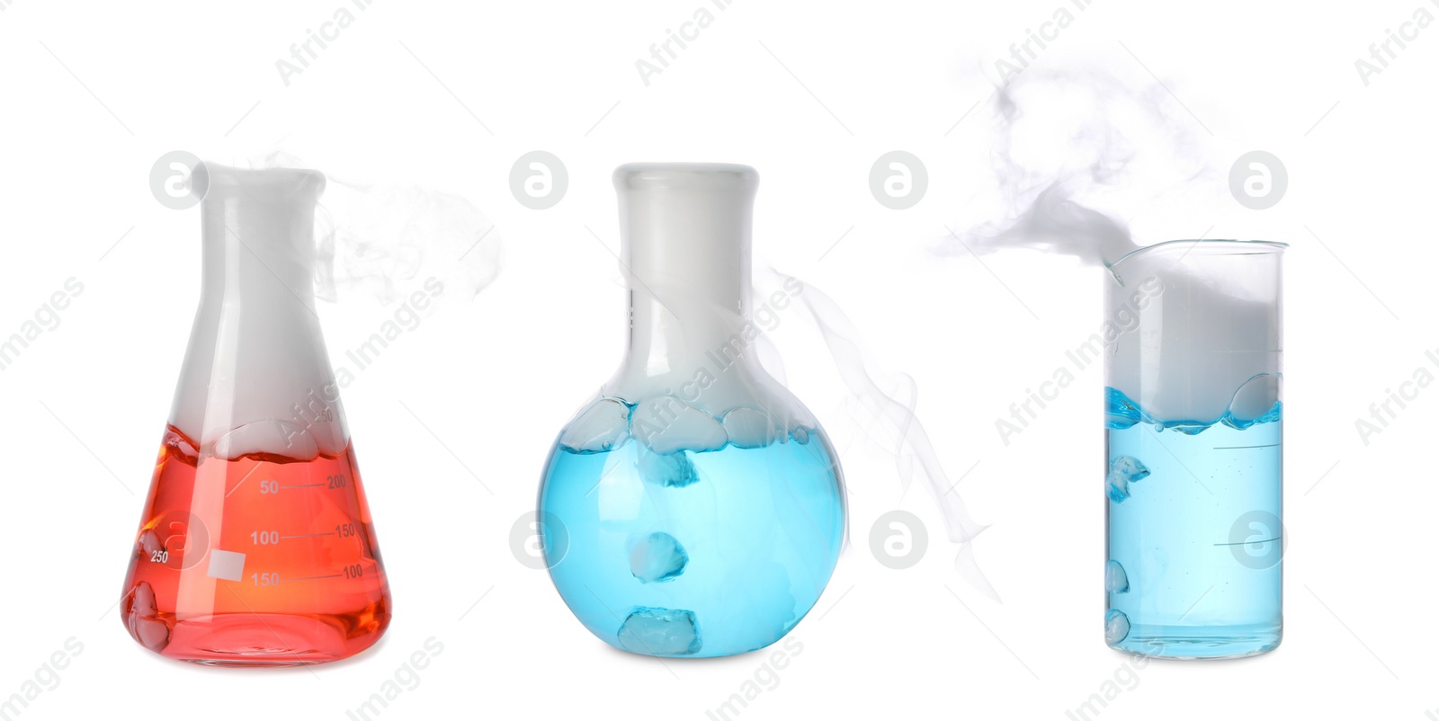 Image of Laboratory flasks and beaker with colorful liquids on white background. Chemical reaction