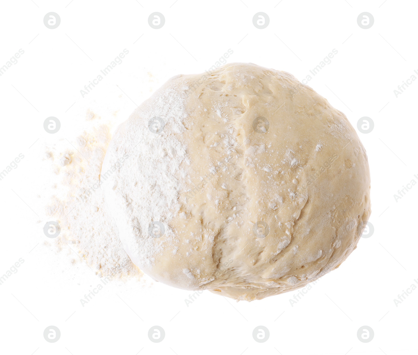 Photo of Raw dough for pastries and flour isolated on white, top view