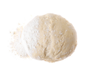 Photo of Raw dough for pastries and flour isolated on white, top view