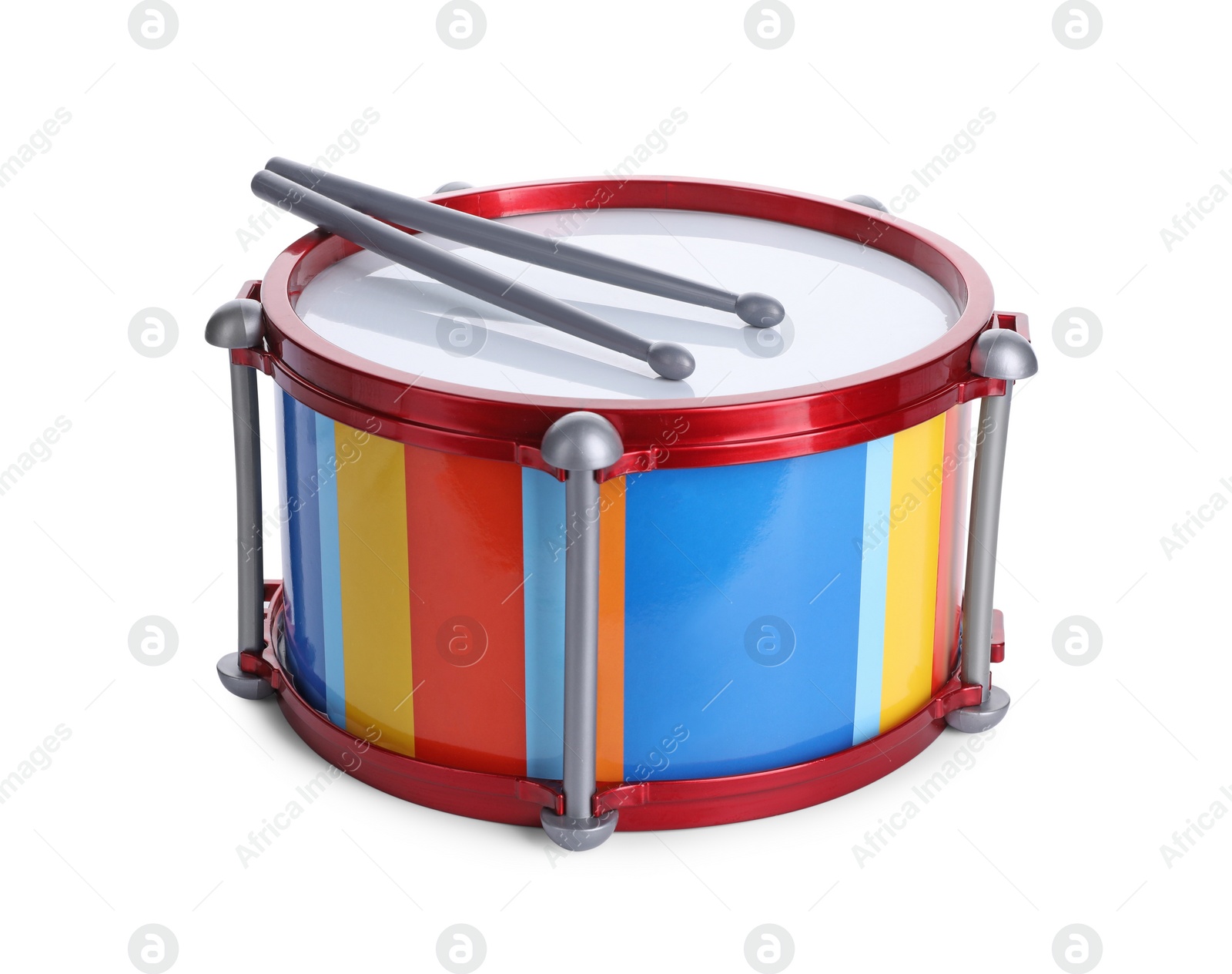 Photo of Bright drum with sticks isolated on white