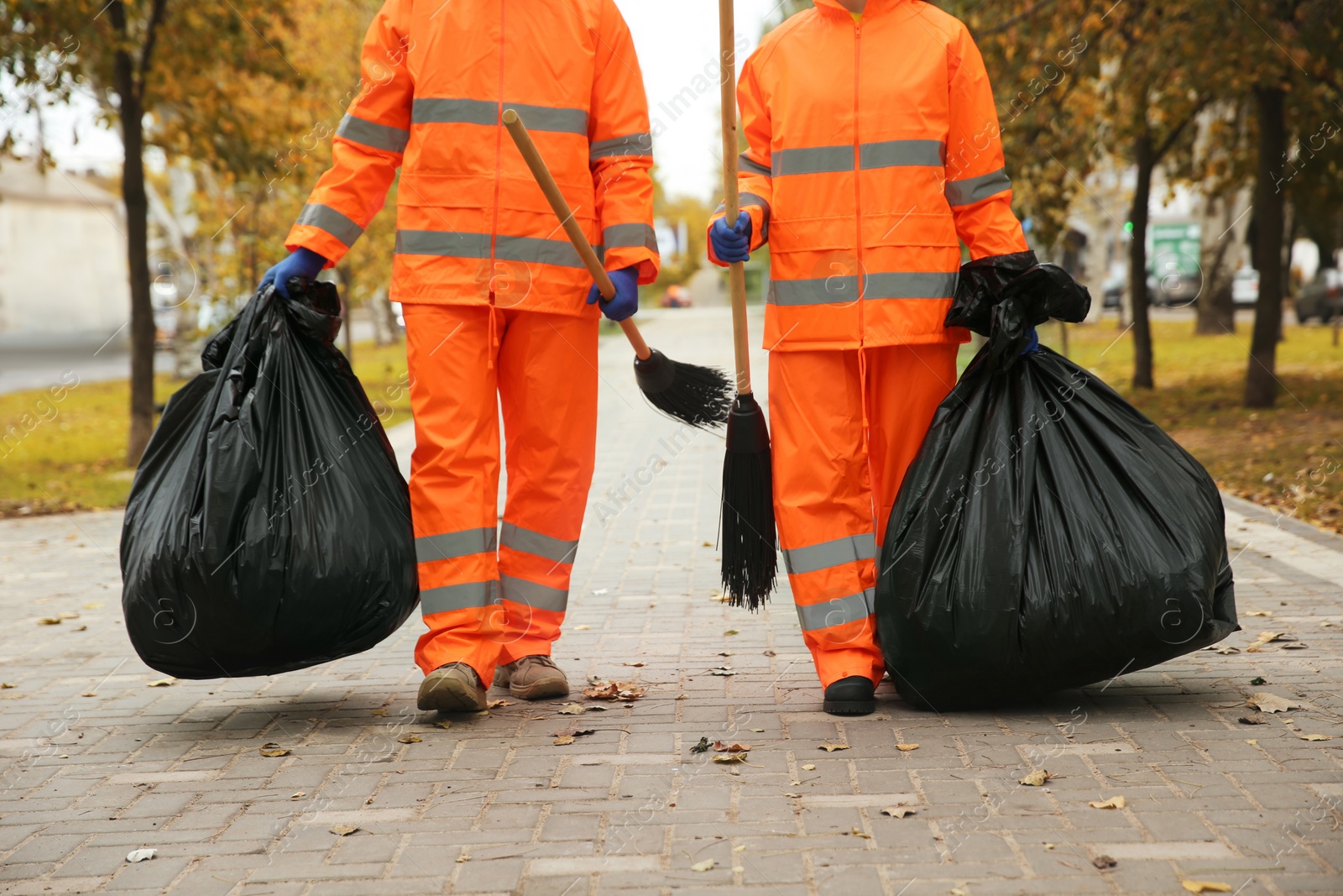 Photo of Street cleaner with brooms and garbage bags outdoors on autumn day