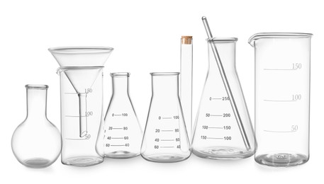 Image of Set of different laboratory glassware isolated on white