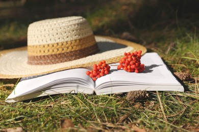 Photo of Open book, hat and red rowan berries on grass outdoors, closeup