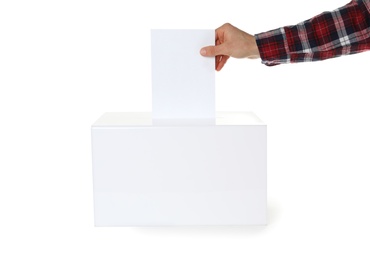 Man putting his vote into ballot box on white background, closeup