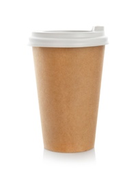 Photo of Takeaway paper coffee cup with lid on white background. Space for design