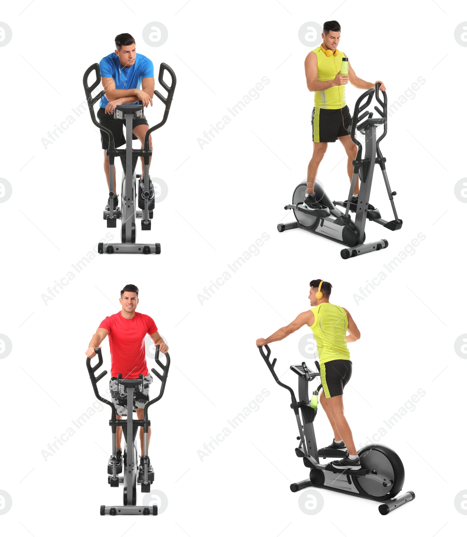 Image of Man using modern elliptical machine on white background, collage 