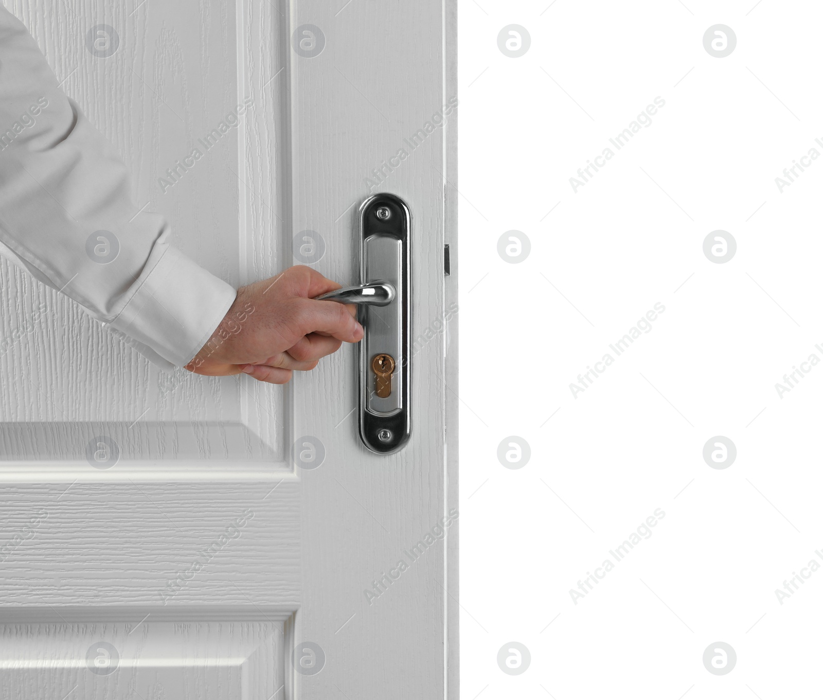 Photo of Man opening wooden door on white background, closeup