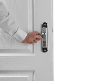 Photo of Man opening wooden door on white background, closeup
